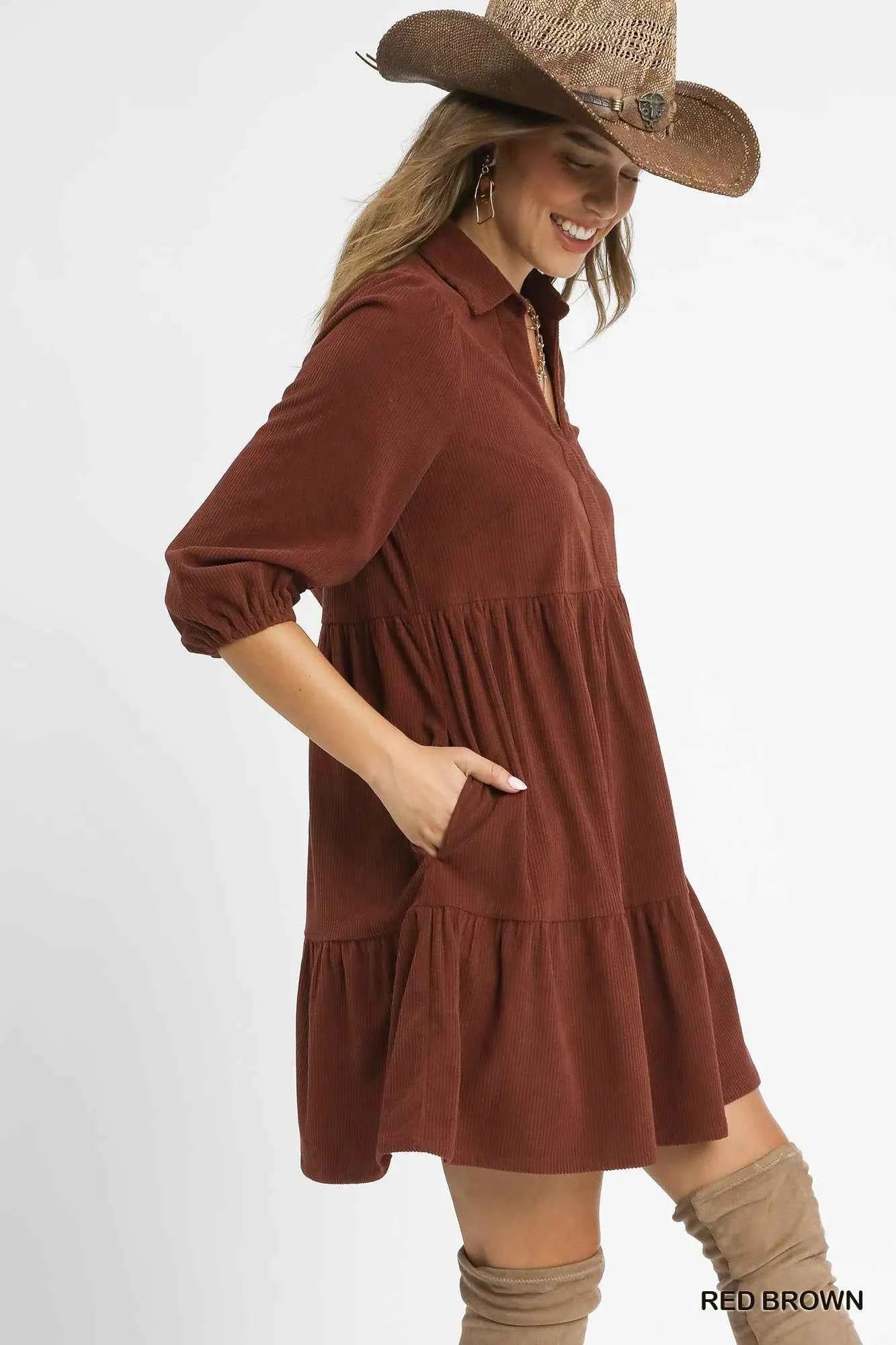 Umgee Tiered Corduroy Mini Dress with Balloon Sleeves Umgee Tiered Corduroy Mini Dress with Balloon Sleeves