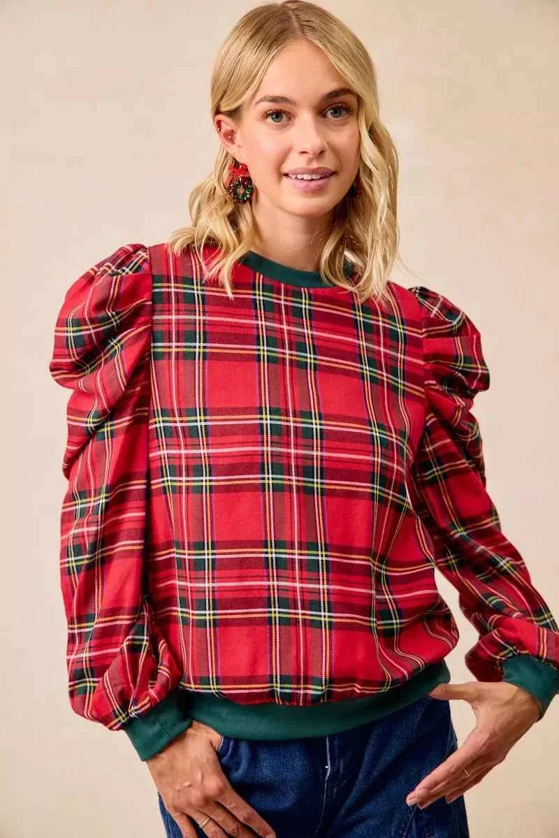 BiBi Christmas Plaid Exaggerated Shoulder Sleeves Top BiBi Christmas Plaid Exaggerated Shoulder Sleeves Top