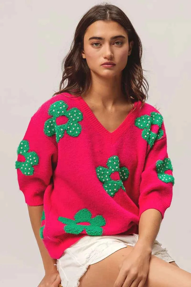 BiBi Pearl Beads Flowers Sweater Top BiBi Pearl Beads Flowers Sweater Top