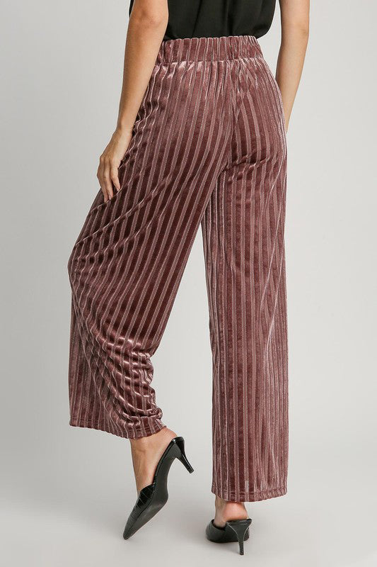 Umgee Full Size Elastic Waist Striped Wide Leg Velvet Pants Umgee Full Size Elastic Waist Striped Wide Leg Velvet Pants - TopFashionHQ