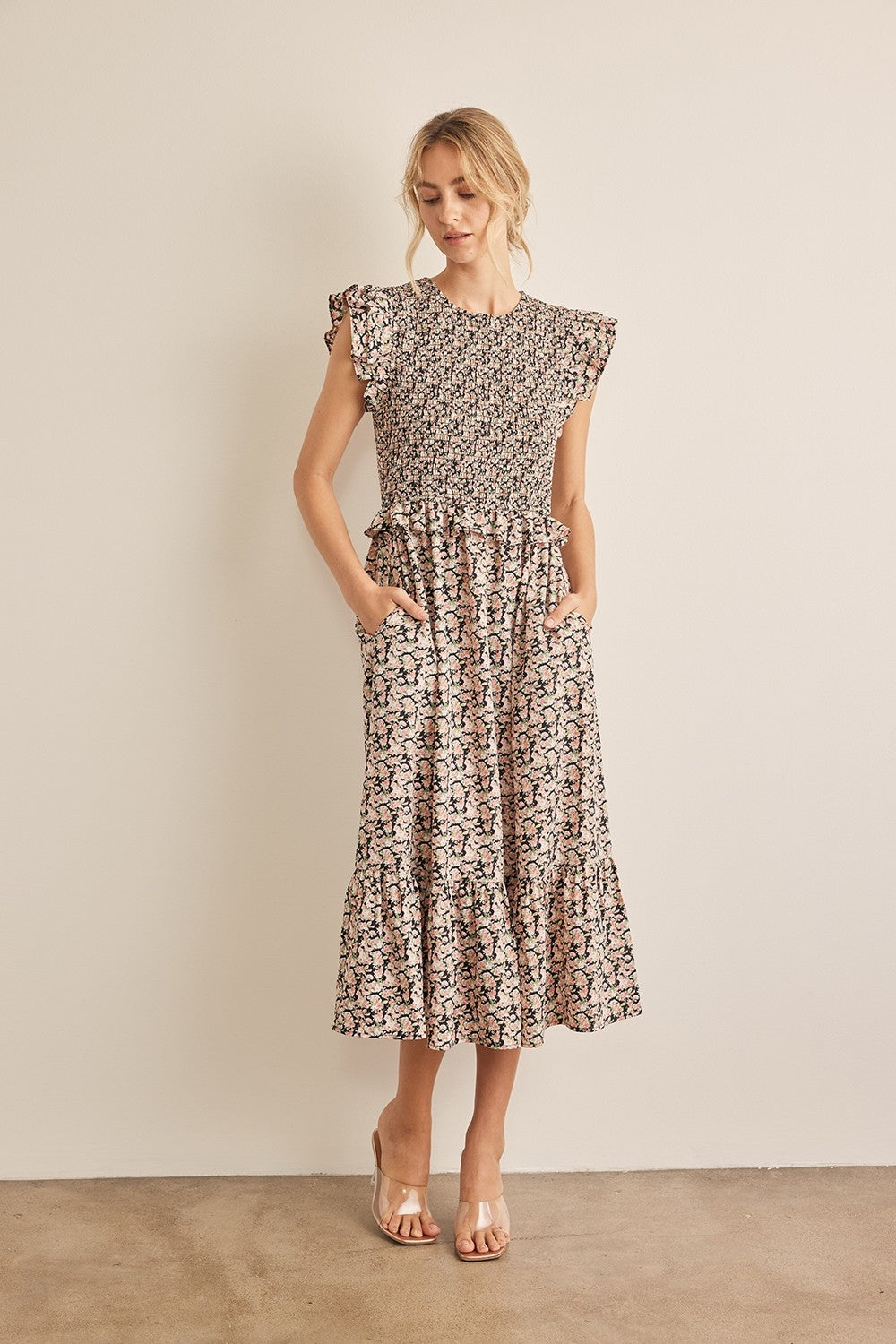 In February Floral Smocked Ruffled Midi Dress In February Floral Smocked Ruffled Midi Dress - TopFashionHQ