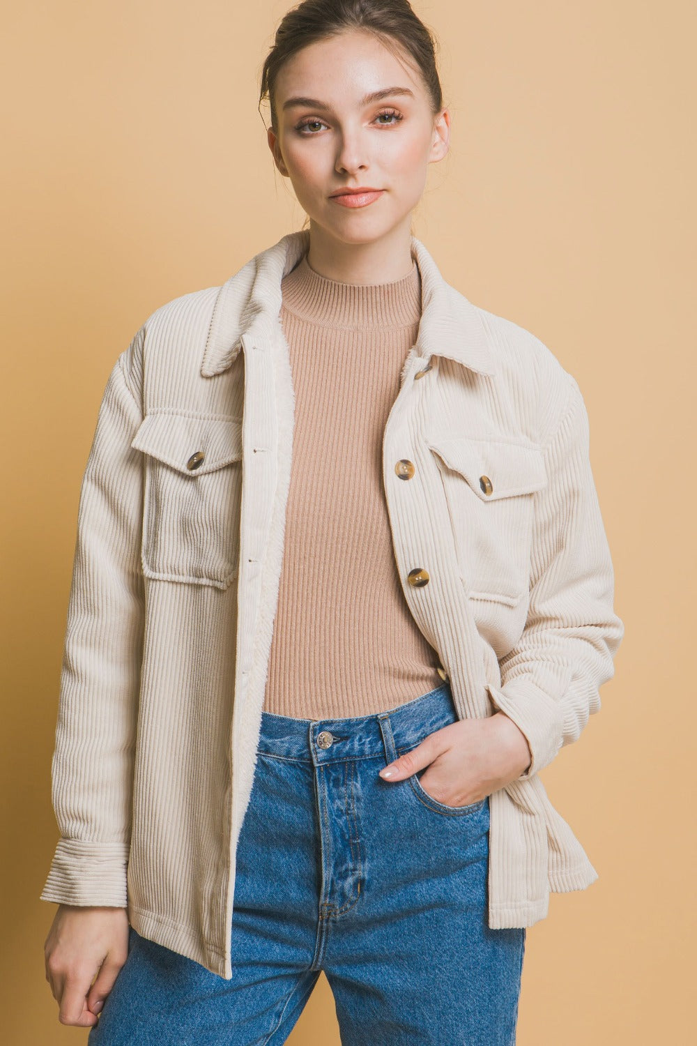 Love Tree Corduroy Button Up Jacket with Sherpa Inside Love Tree Corduroy Button Up Jacket with Sherpa Inside