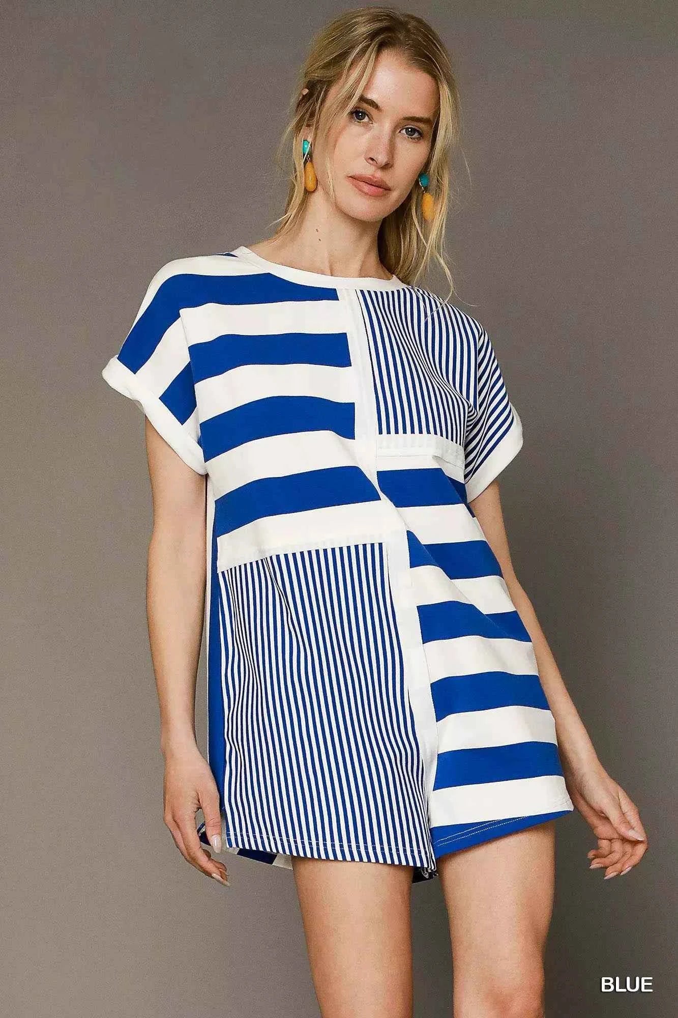 Umgee Mixed Striped Short Sleeve Romper Umgee Mixed Striped Short Sleeve Romper
