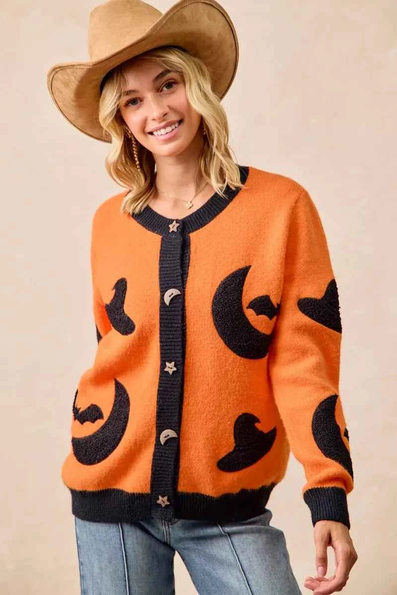 BiBi Halloween Witch Hat Moon Bat Artwork Cardigan BiBi Halloween Witch Hat Moon Bat Artwork Cardigan