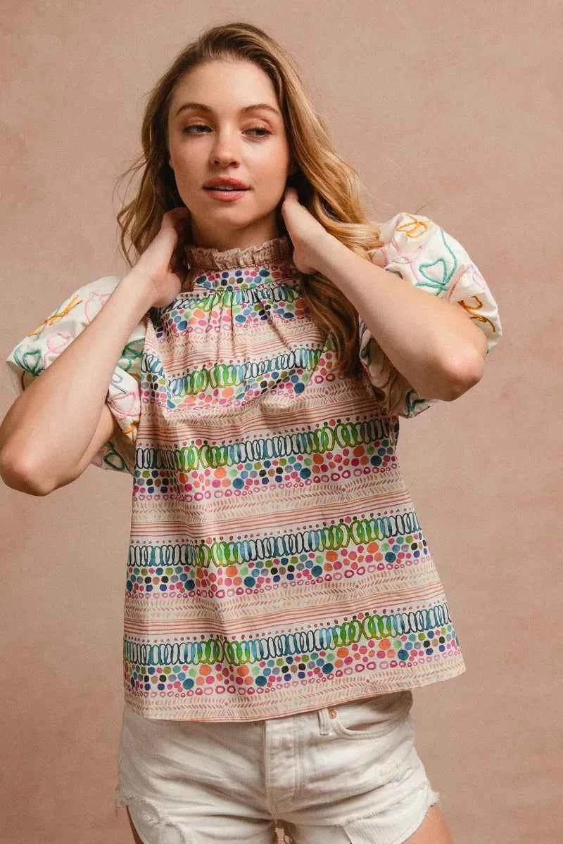 BiBi Ruffle Neckline Blouse With Embroidery Bubble Sleeve BiBi Ruffle Neckline Blouse With Embroidery Bubble Sleeve