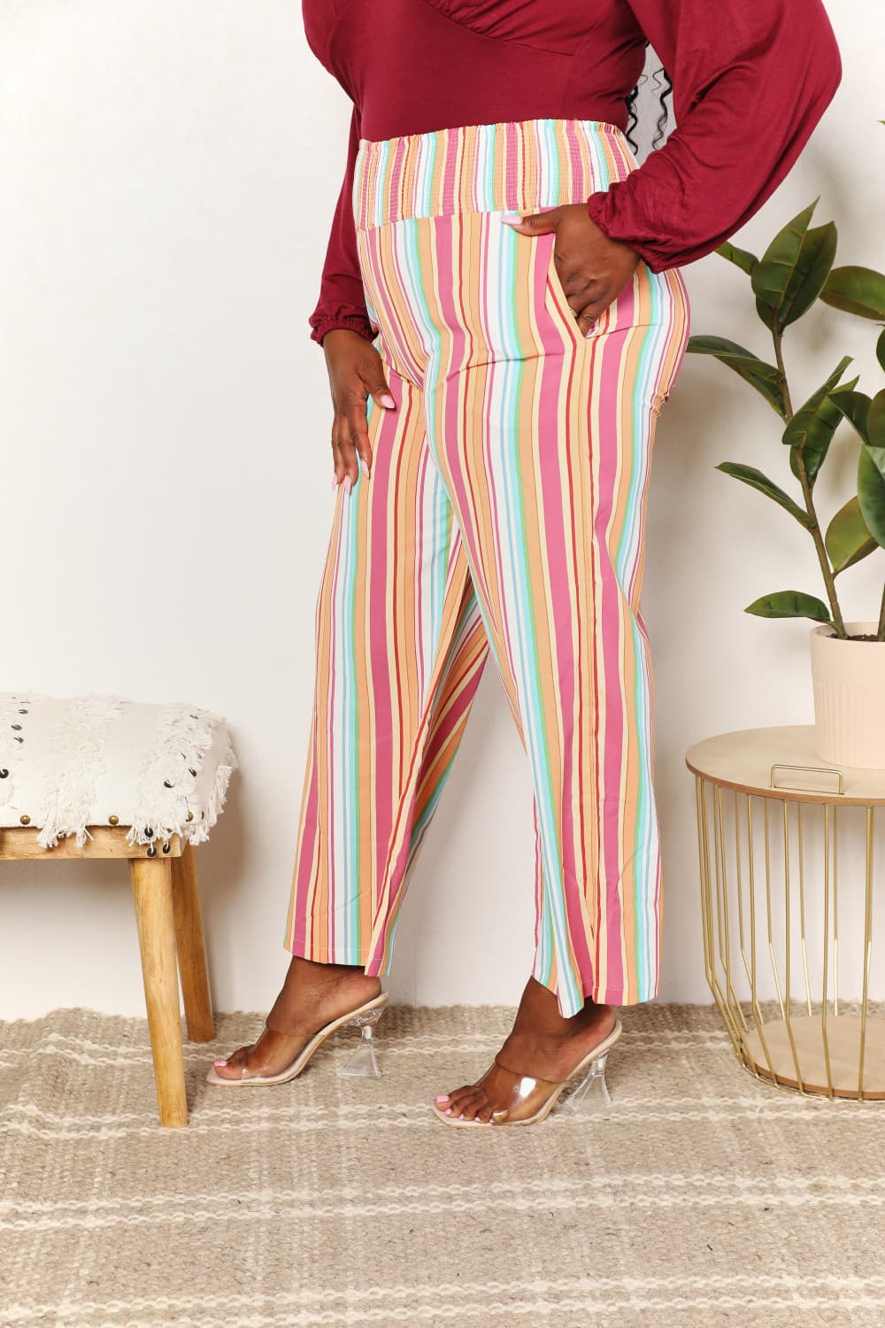 Double Take Striped Smocked Waist Pants with Pockets Double Take Striped Smocked Waist Pants with Pockets - TopFashionHQ
