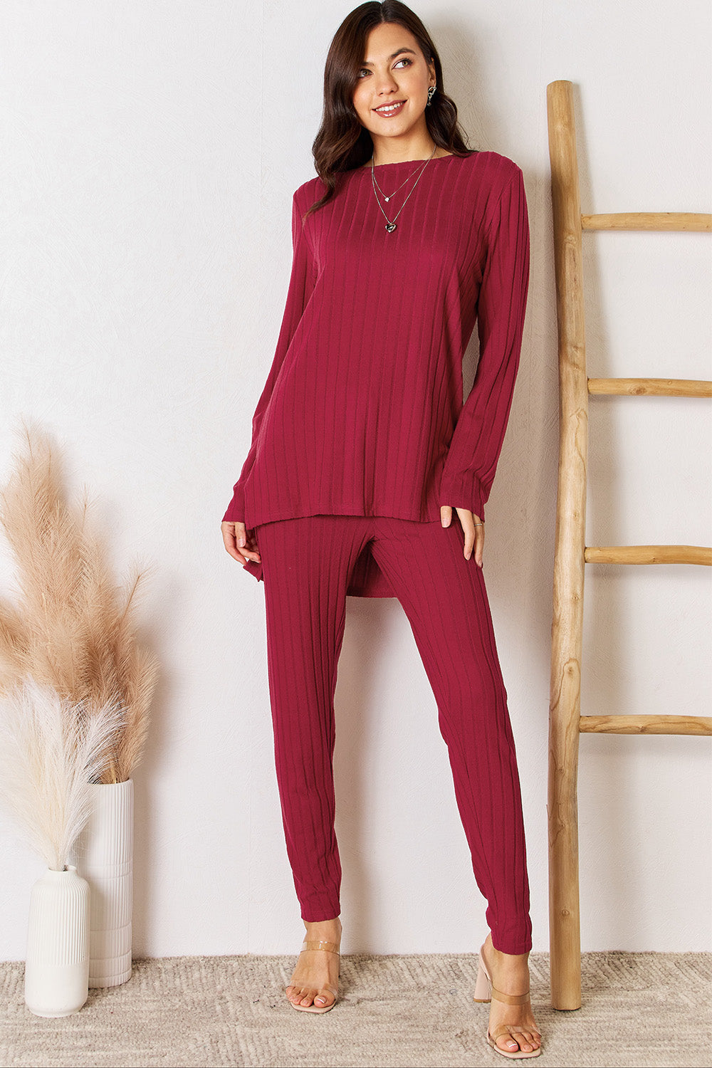 Basic Bae Full Size Ribbed Round Neck High-Low Slit Top and Pants Set Basic Bae Full Size Ribbed Round Neck High-Low Slit Top and Pants Set - TopFashionHQ