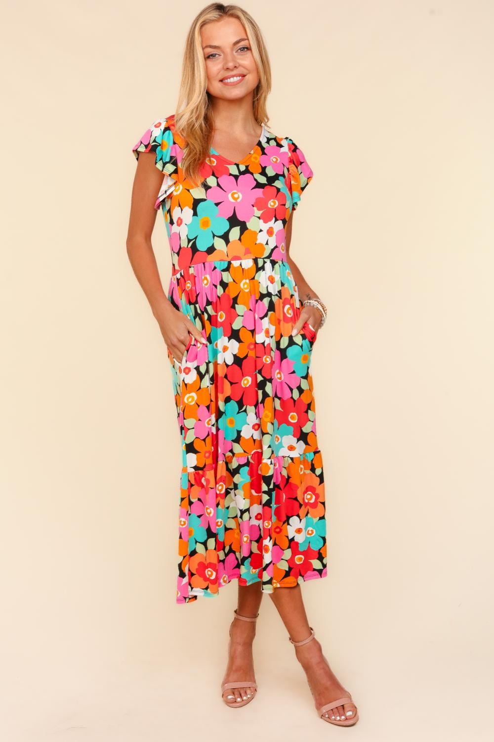 Haptics Floral Midi Dress with Side Pockets Haptics Floral Midi Dress with Side Pockets - TopFashionHQ