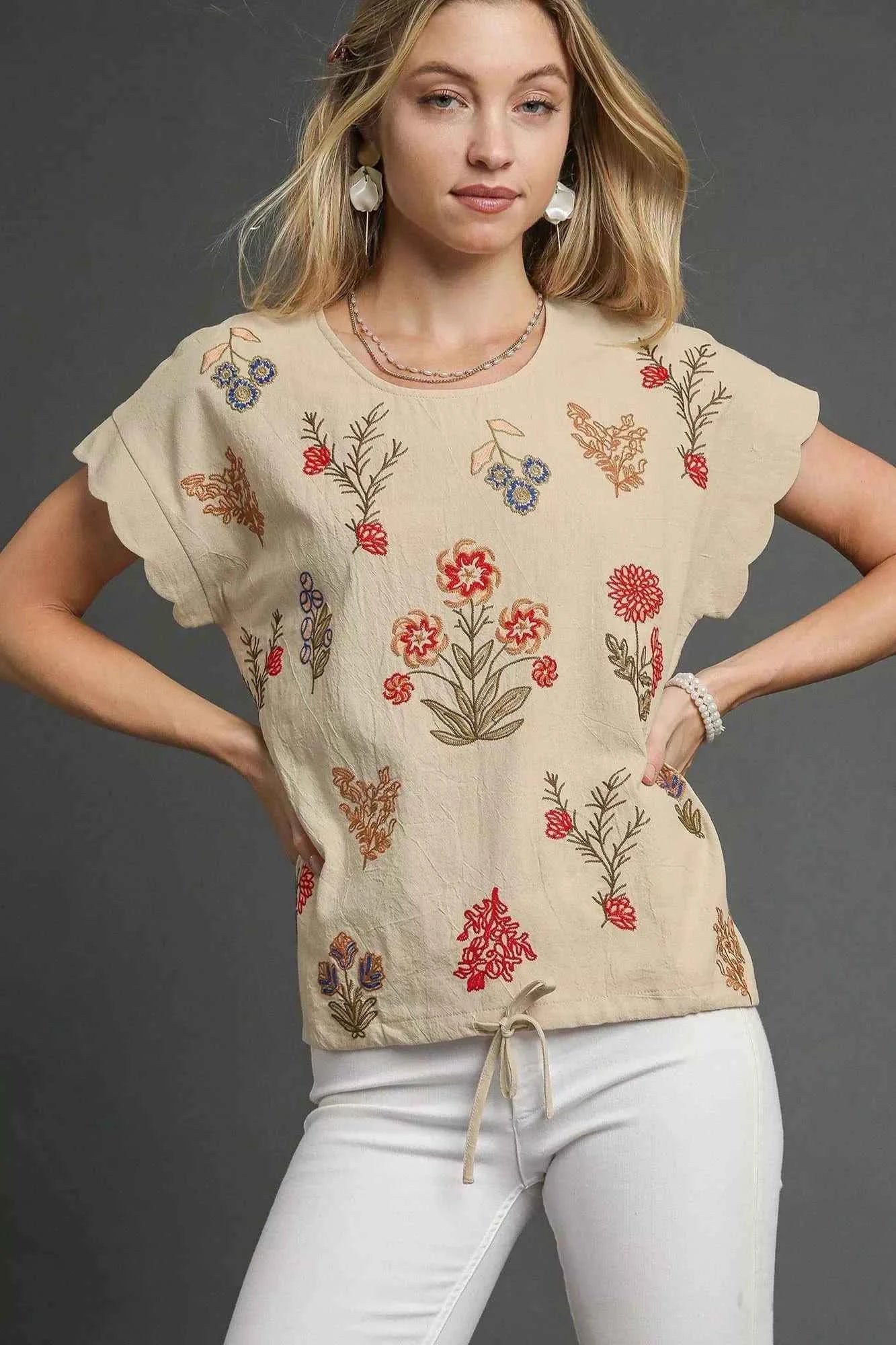 Umgee Embroidered Scallop Sleeve Top with Drawstring Hem Umgee Embroidered Scallop Sleeve Top with Drawstring Hem
