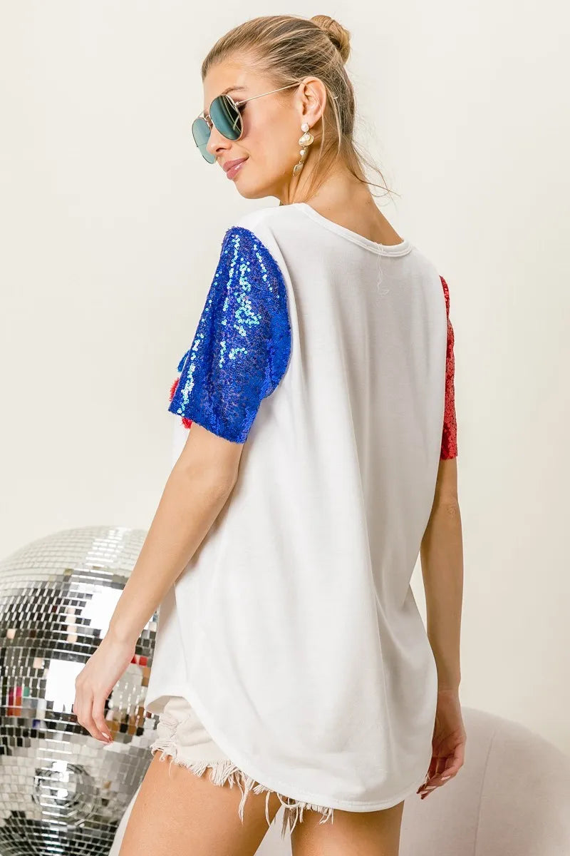 BiBi Metallic Letter V-neck Sequin Sleeves Top 89e71742b5264075af076094c072925e-Max-Origin