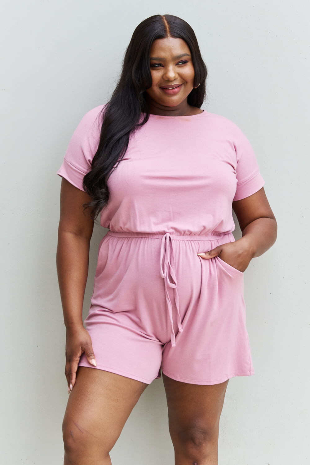 Zenana Chilled Out Full Size Short Sleeve Romper in Light Carnation Pink Zenana Chilled Out Full Size Short Sleeve Romper in Light Carnation Pink - TopFashionHQ