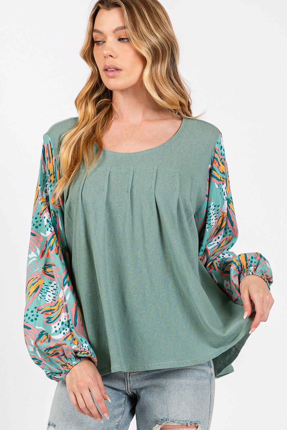 SAGE + FIG Ruched Round Neck Printed Bubble Sleeve Top SAGE + FIG Ruched Round Neck Printed Bubble Sleeve Top - TopFashionHQ