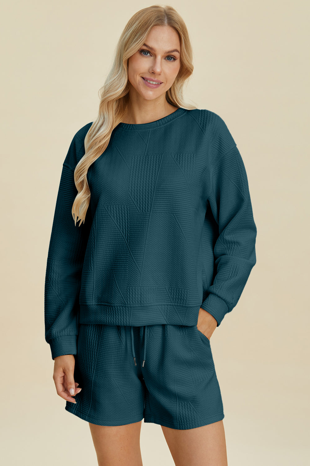 Double Take Full Size Texture Round Neck Long Sleeve Top and Shorts Set Double Take Full Size Texture Round Neck Long Sleeve Top and Shorts Set