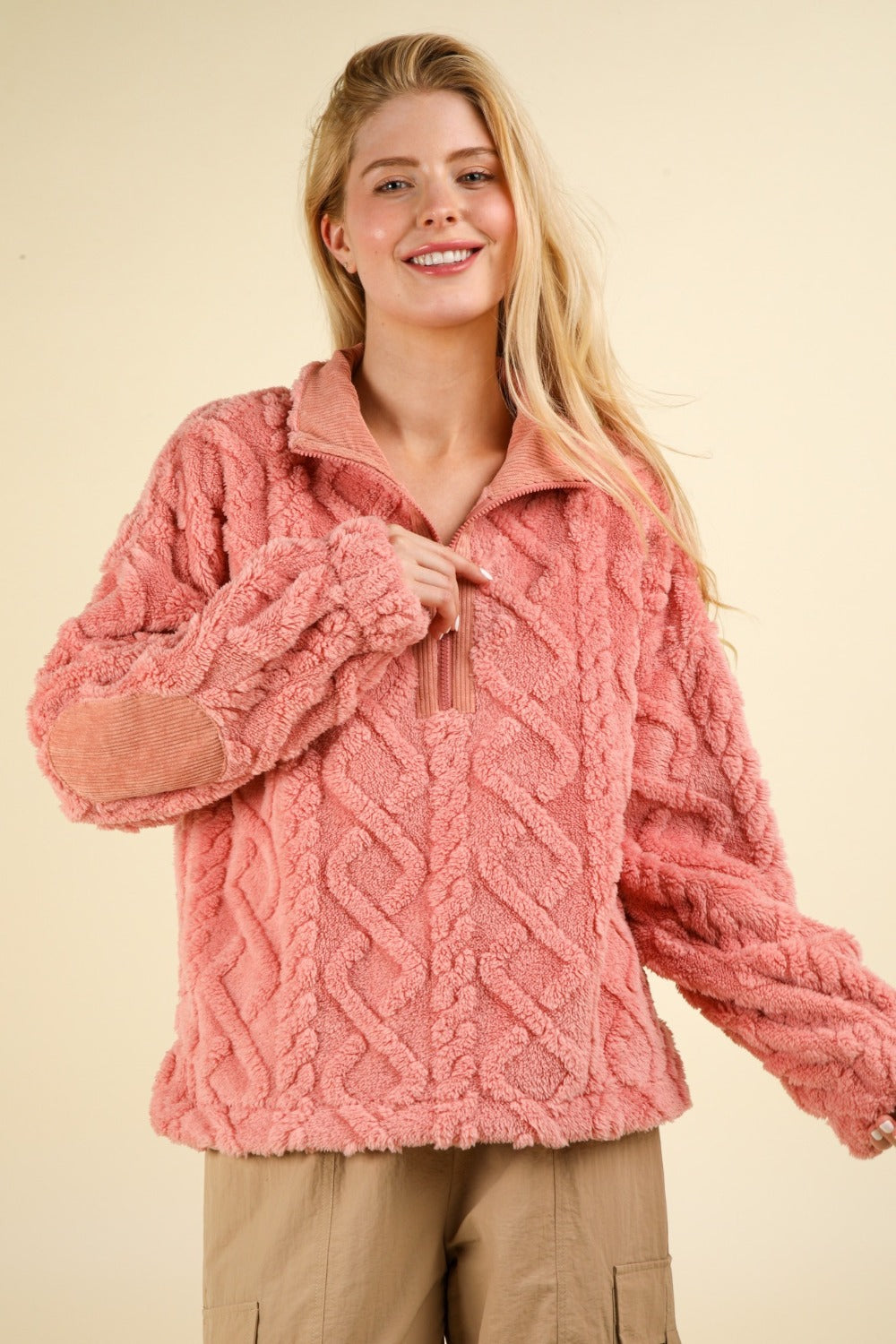 VERY J Fuzzy Fleece Half Zip Cable Pattern Sweatshirt VERY J Fuzzy Fleece Half Zip Cable Pattern Sweatshirt