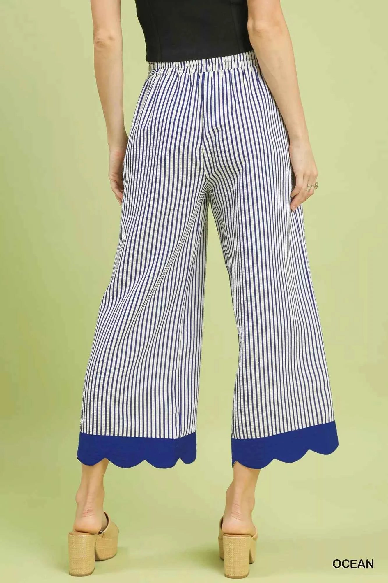 Umgee Stripe Scallop Hem Wide Leg Pants Umgee Stripe Scallop Hem Wide Leg Pants
