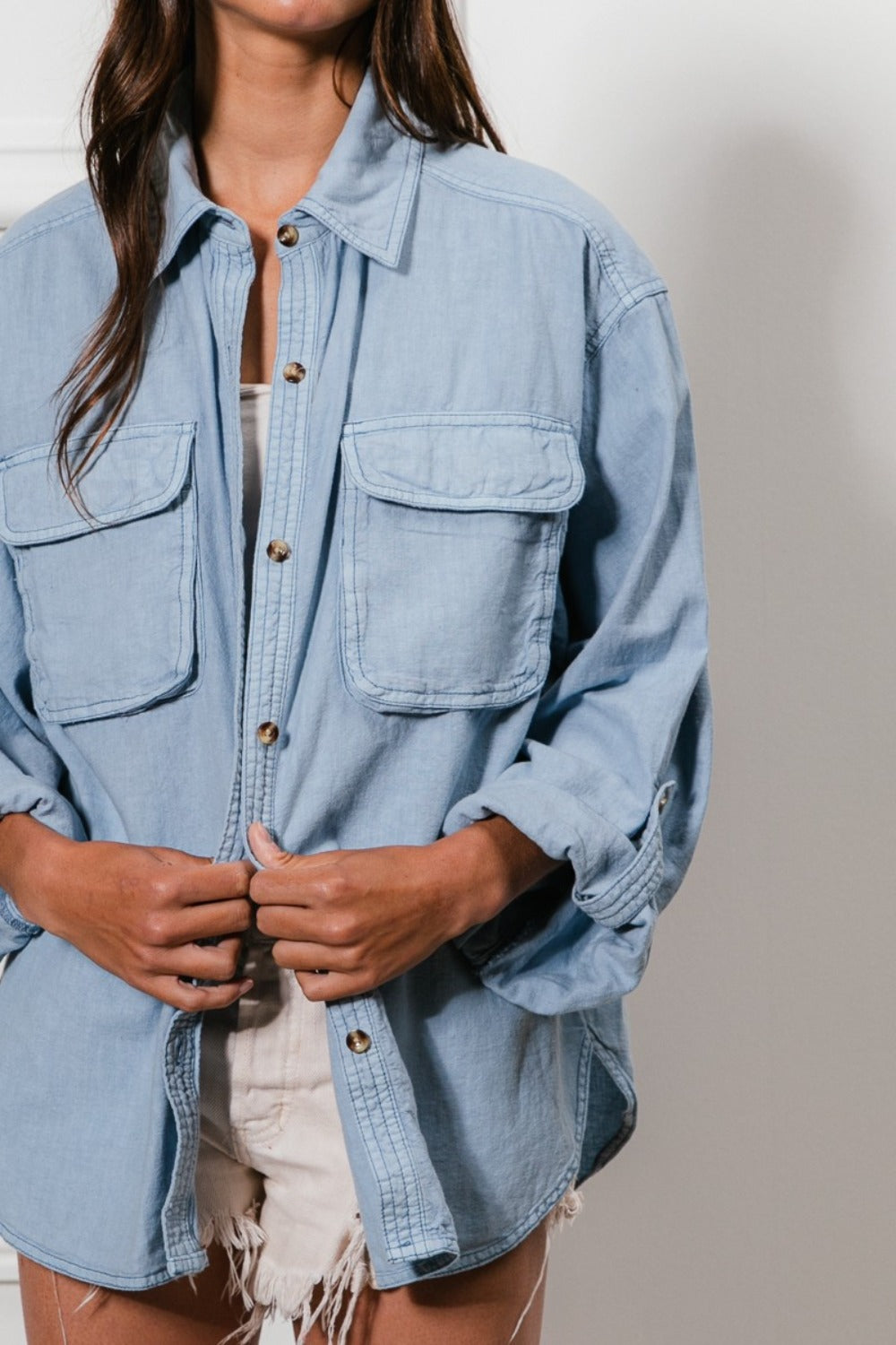 BiBi Button Down Stitch Detail Shirt with Chest Pockets BiBi Button Down Stitch Detail Shirt with Chest Pockets - TopFashionHQ