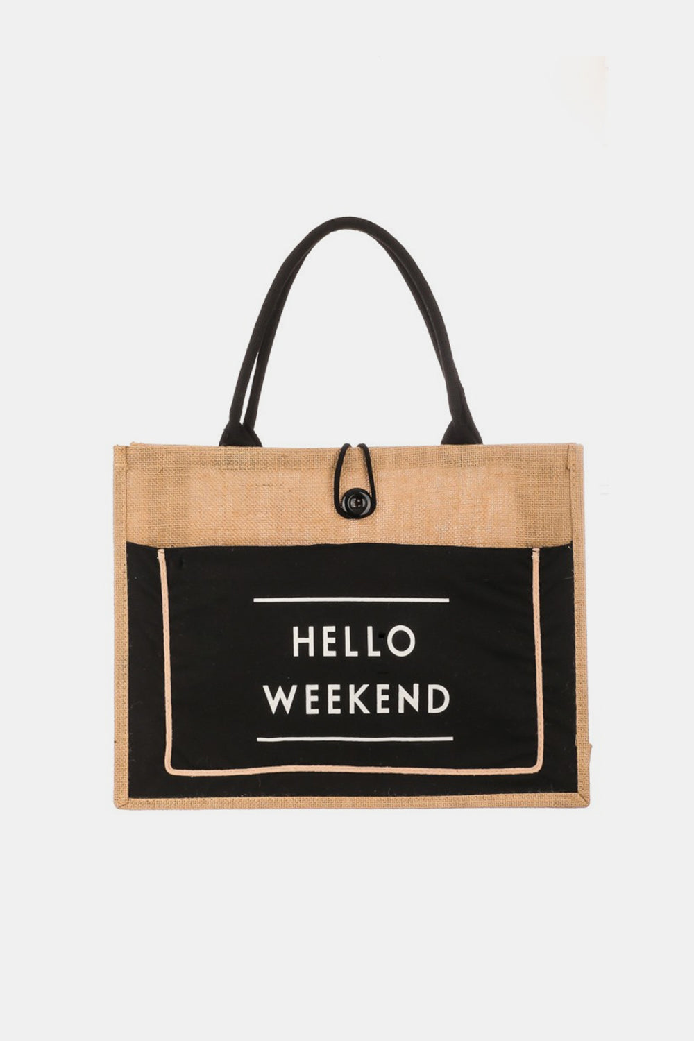 Fame Hello Weekend Burlap Tote Bag Fame Hello Weekend Burlap Tote Bag