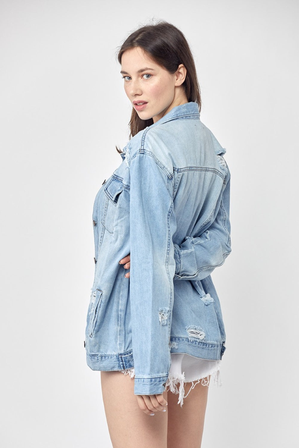 RISEN Full Size Distressed Long Sleeve Denim Jacket RISEN Full Size Distressed Long Sleeve Denim Jacket - TopFashionHQ
