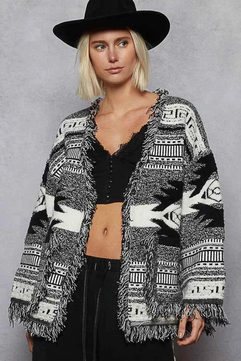 POL Open Front Geometric Print Cardigan with Fringe Detail POL Open Front Geometric Print Cardigan with Fringe Detail