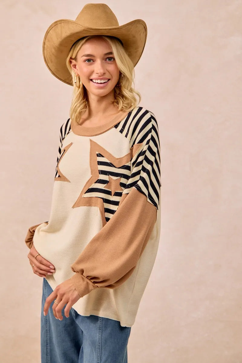 BiBi Star Patchwork Mixed Long Sleeve Top 8aaed6de477c45b98cbfcfca118698d0-Max-Origin