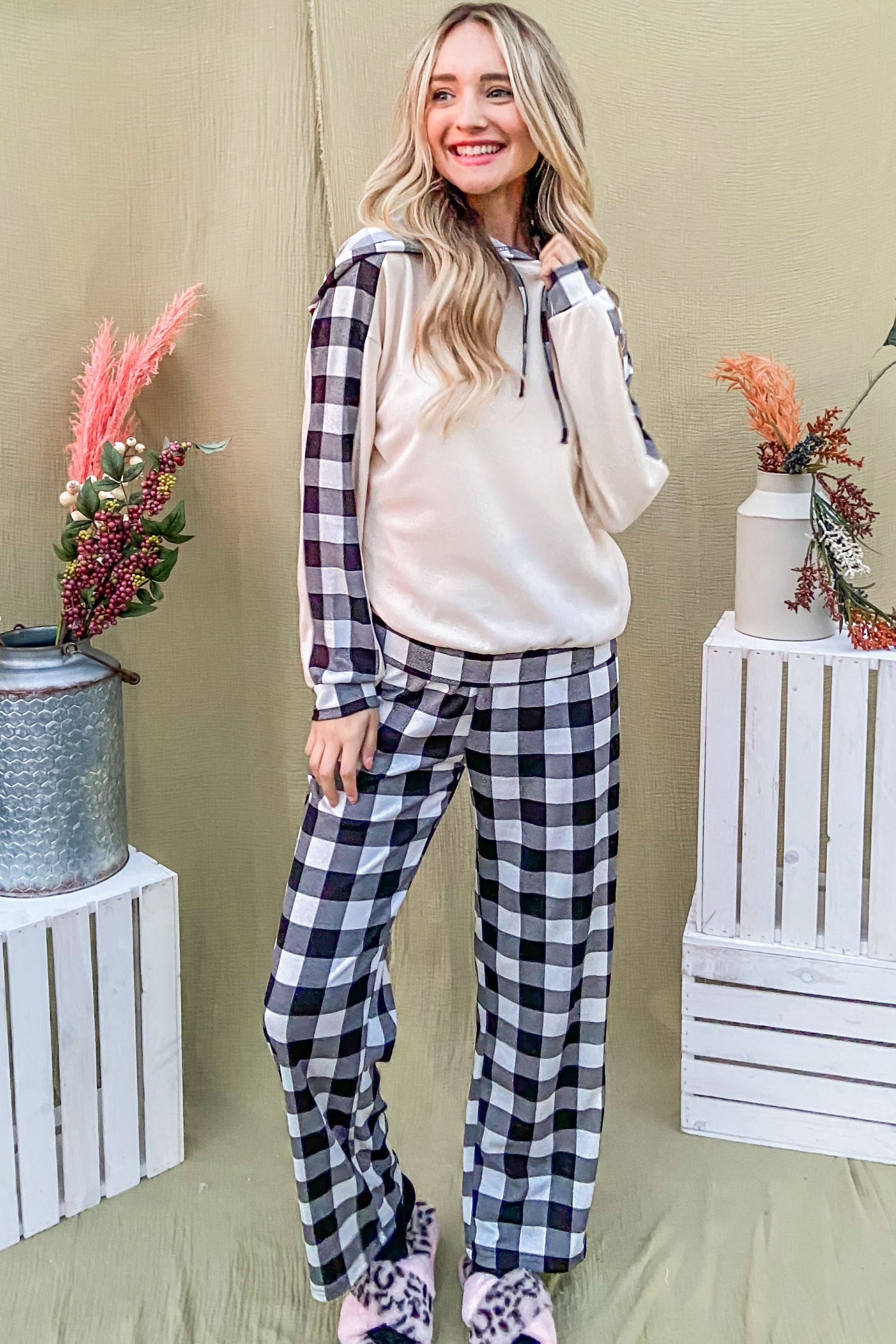 And The Why Drawstring Hooded Top and Plaid Pants Lounge Set And The Why Drawstring Hooded Top and Plaid Pants Lounge Set