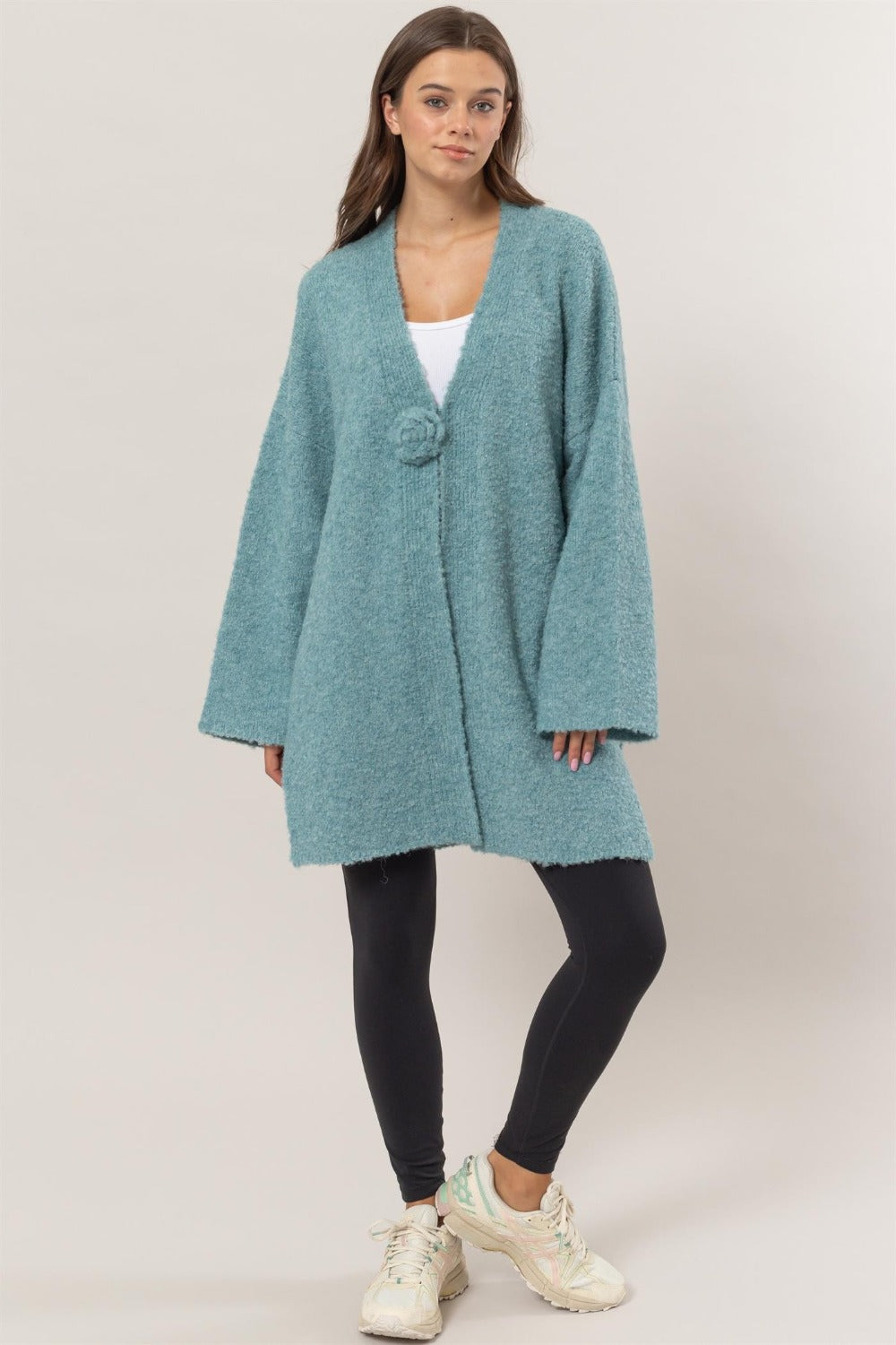 HYFVE Front Rosette Longline Slit Sweater Cardigan HYFVE Front Rosette Longline Slit Sweater Cardigan
