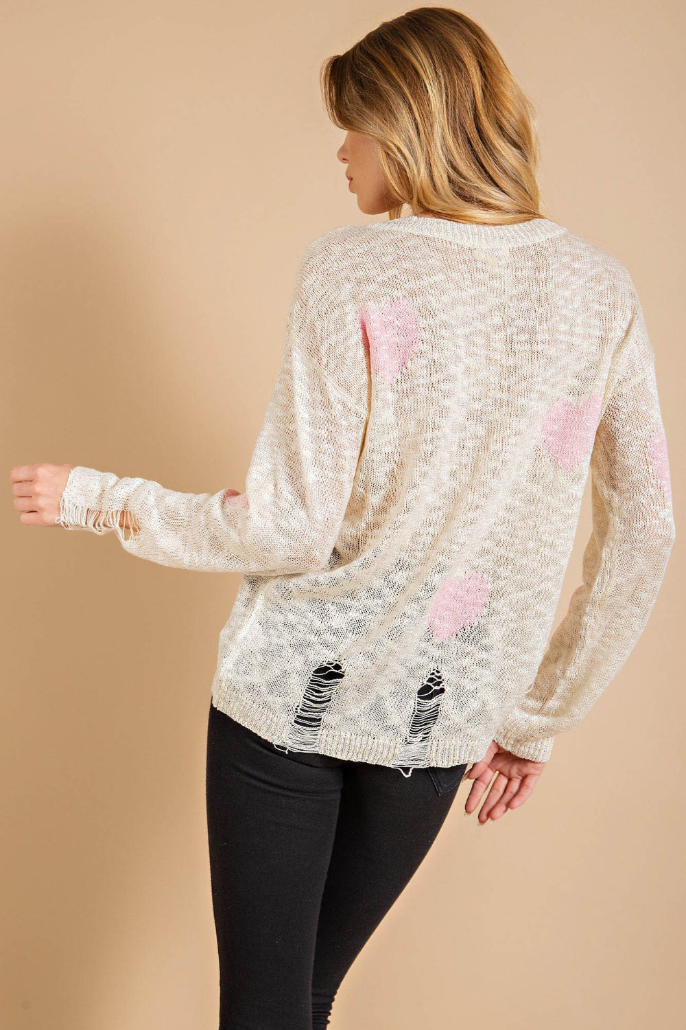 Kori America Heart Pattern Distressed Sweater Kori America Heart Pattern Distressed Sweater - TopFashionHQ