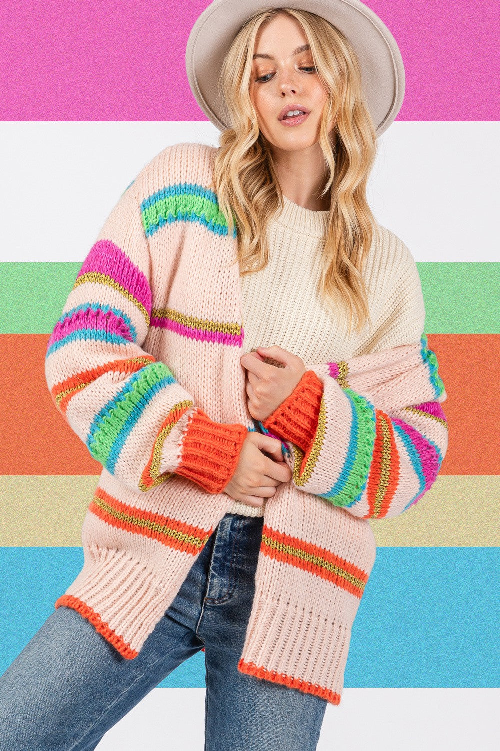 SAGE + FIG Rainbow Striped Open Front Knit Cardigan SAGE + FIG Rainbow Striped Open Front Knit Cardigan