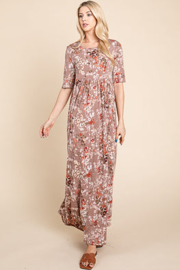 BOMBOM Printed Shirred Maxi Dress - TopFashionHQ