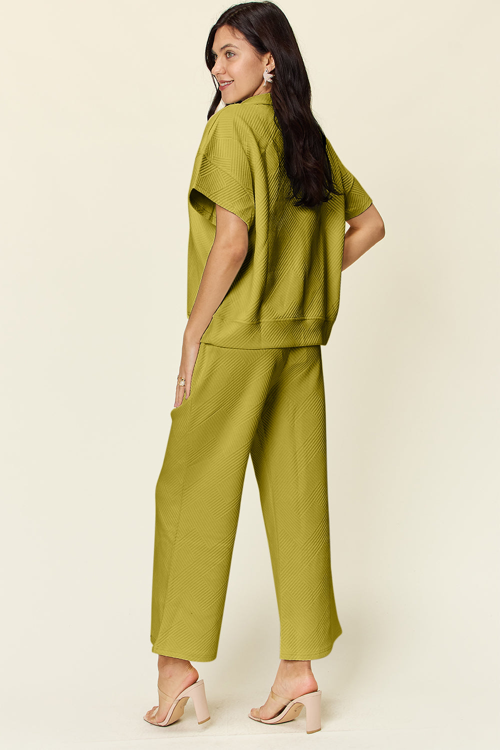 Double Take Full Size Texture Half Zip Short Sleeve Top and Pants Set Double Take Full Size Texture Half Zip Short Sleeve Top and Pants Set