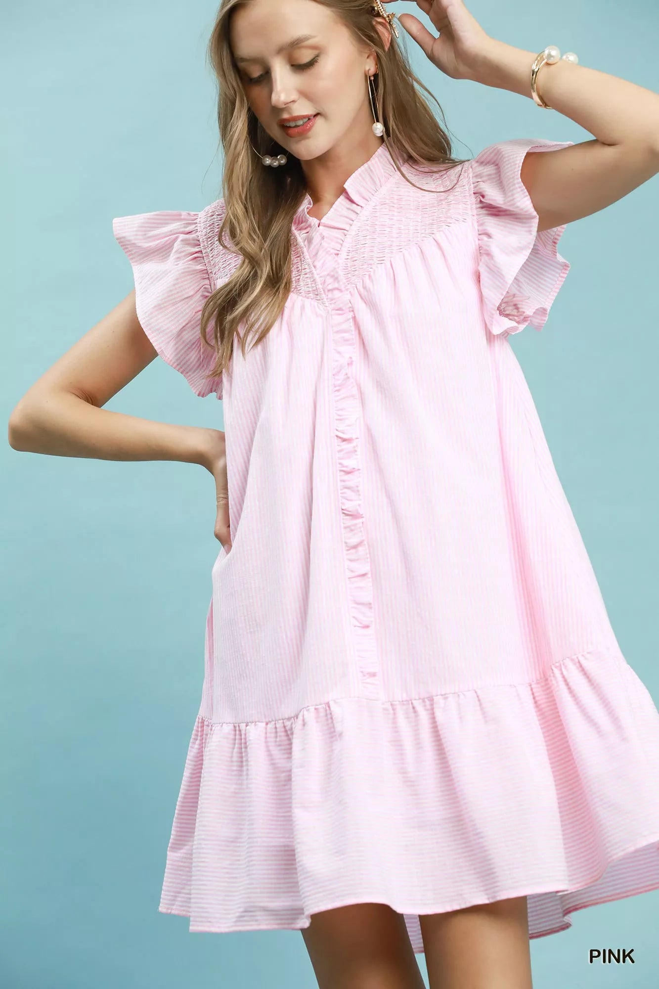 Umgee Stripe Smocked Yoke Ruffle Dress 8b6922b5-026c-448c-8cff-f341792decc4-Max-Origin
