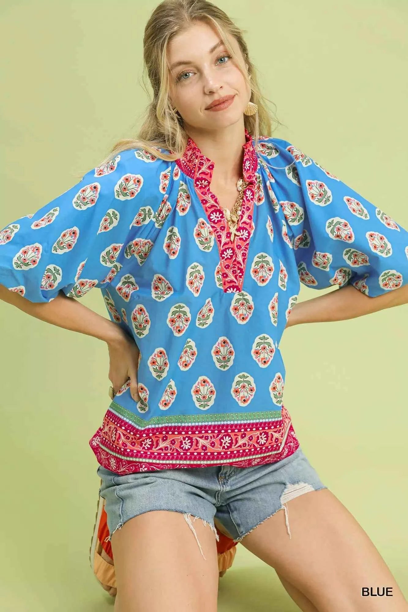 Umgee Boho Border Print Peasant Top Umgee Boho Border Print Peasant Top