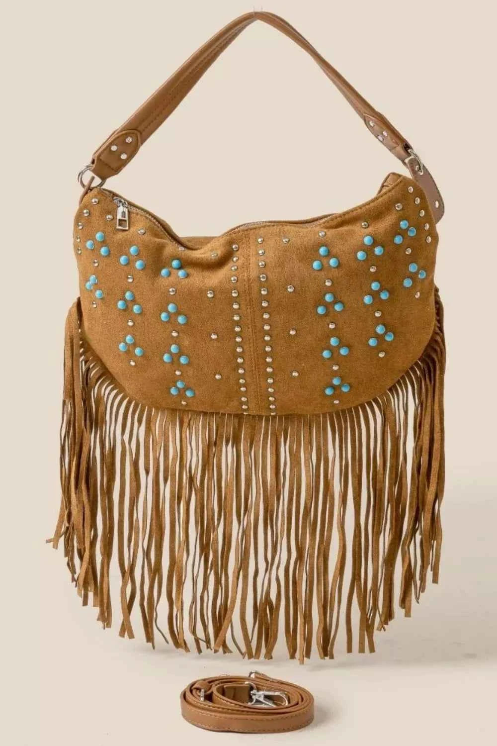 Fame Studded Pattern Multi Fringe Hobo Shoulder Bag Fame Studded Pattern Multi Fringe Hobo Shoulder Bag