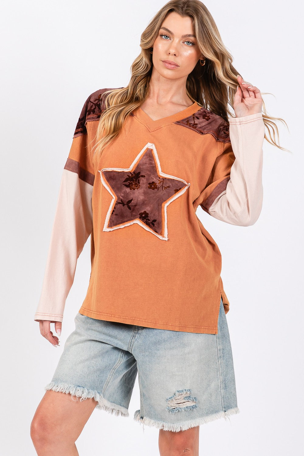 SAGE + FIG Star Patch Long Sleeve Color Block T-Shirt SAGE + FIG Star Patch Long Sleeve Color Block T-Shirt - TopFashionHQ