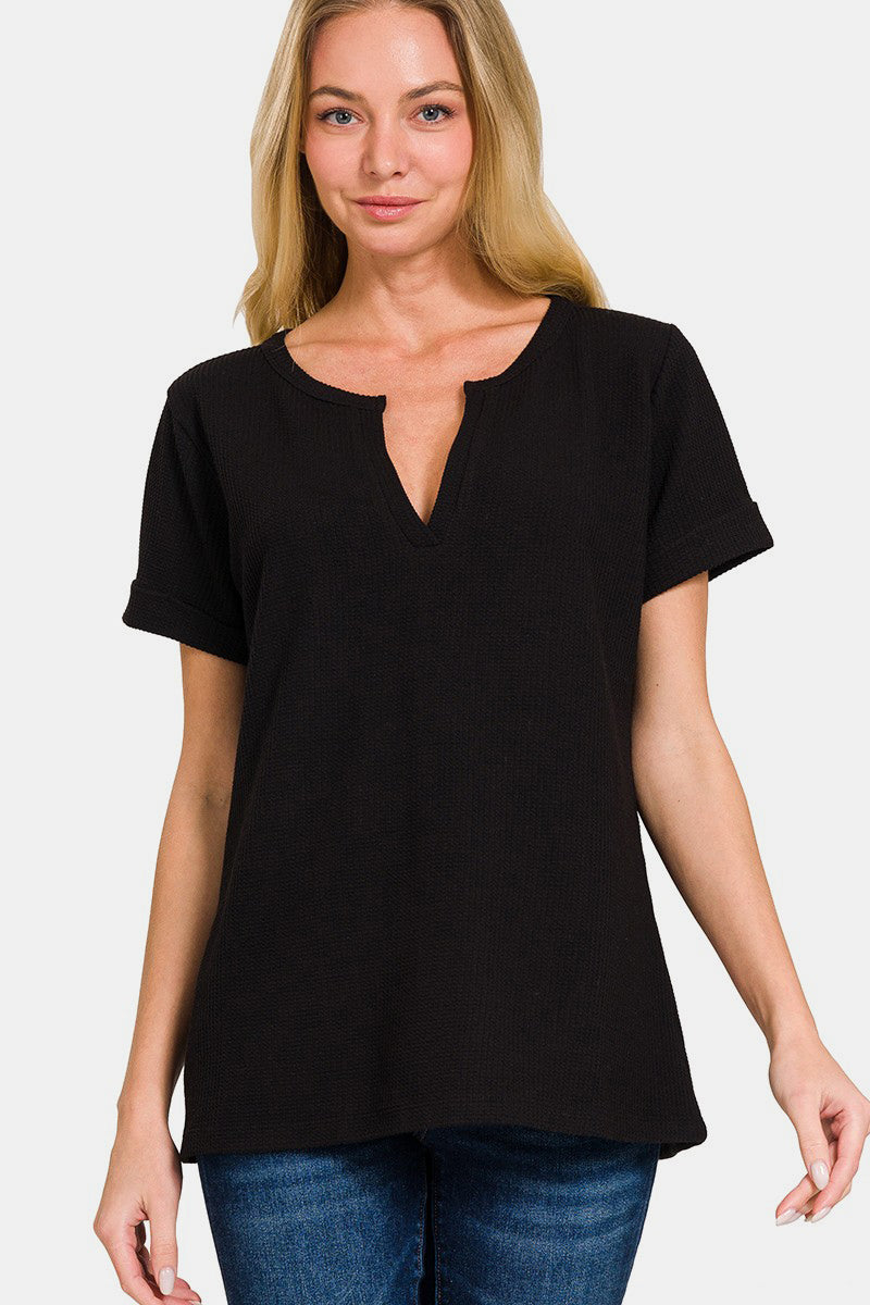 Zenana Notched Short Sleeve Waffle T-Shirt Zenana Notched Short Sleeve Waffle T-Shirt - TopFashionHQ