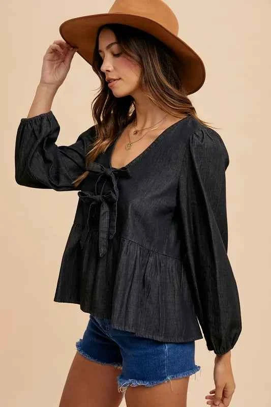 Annie Wear Tie Front Peplum Long Sleeve Denim Top Annie Wear Tie Front Peplum Long Sleeve Denim Top