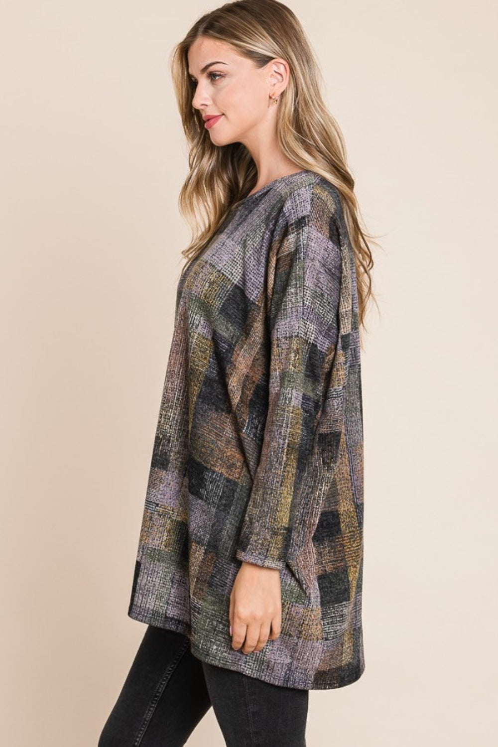 BOMBOM Plaid Round Neck Long Sleeve Top BOMBOM Plaid Round Neck Long Sleeve Top - TopFashionHQ