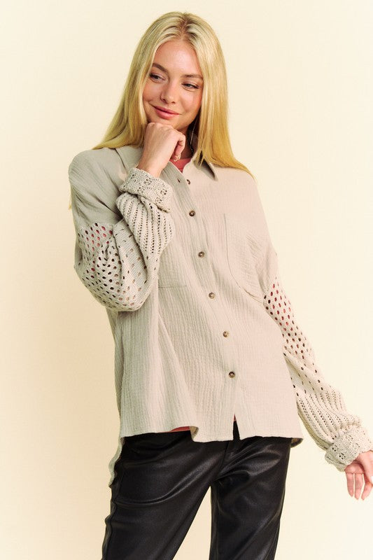 Davi & Dani Crochet Sleeve Crinkled Texture Shirt Davi & Dani Crochet Sleeve Crinkled Texture Shirt
