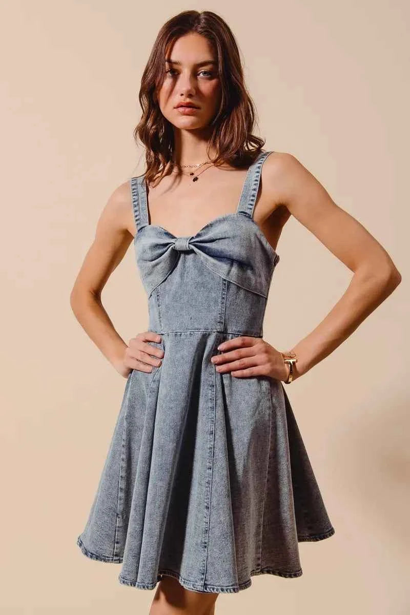 SO ME Mineral Washed Bow Ribbon Denim Flare Dress SO ME Mineral Washed Bow Ribbon Denim Flare Dress