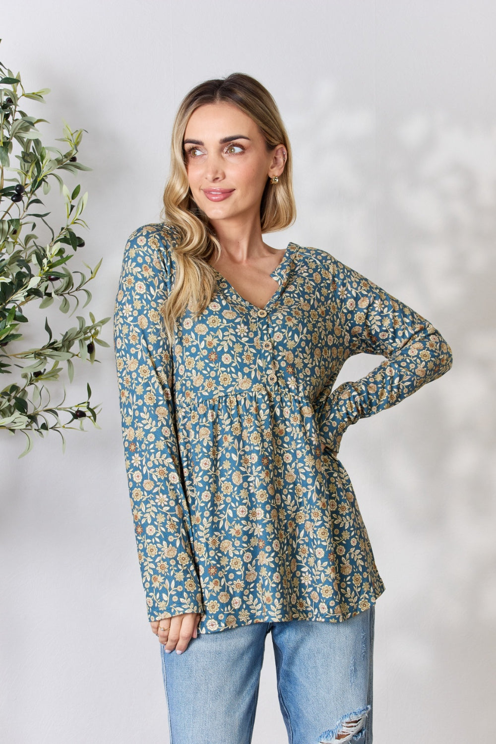 Heimish Full Size Floral Half Button Long Sleeve Blouse Heimish Full Size Floral Half Button Long Sleeve Blouse - TopFashionHQ
