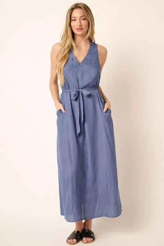 Mittoshop Cross Back Belted V Neck Tank Maxi Dress Mittoshop Cross Back Belted V Neck Tank Maxi Dress