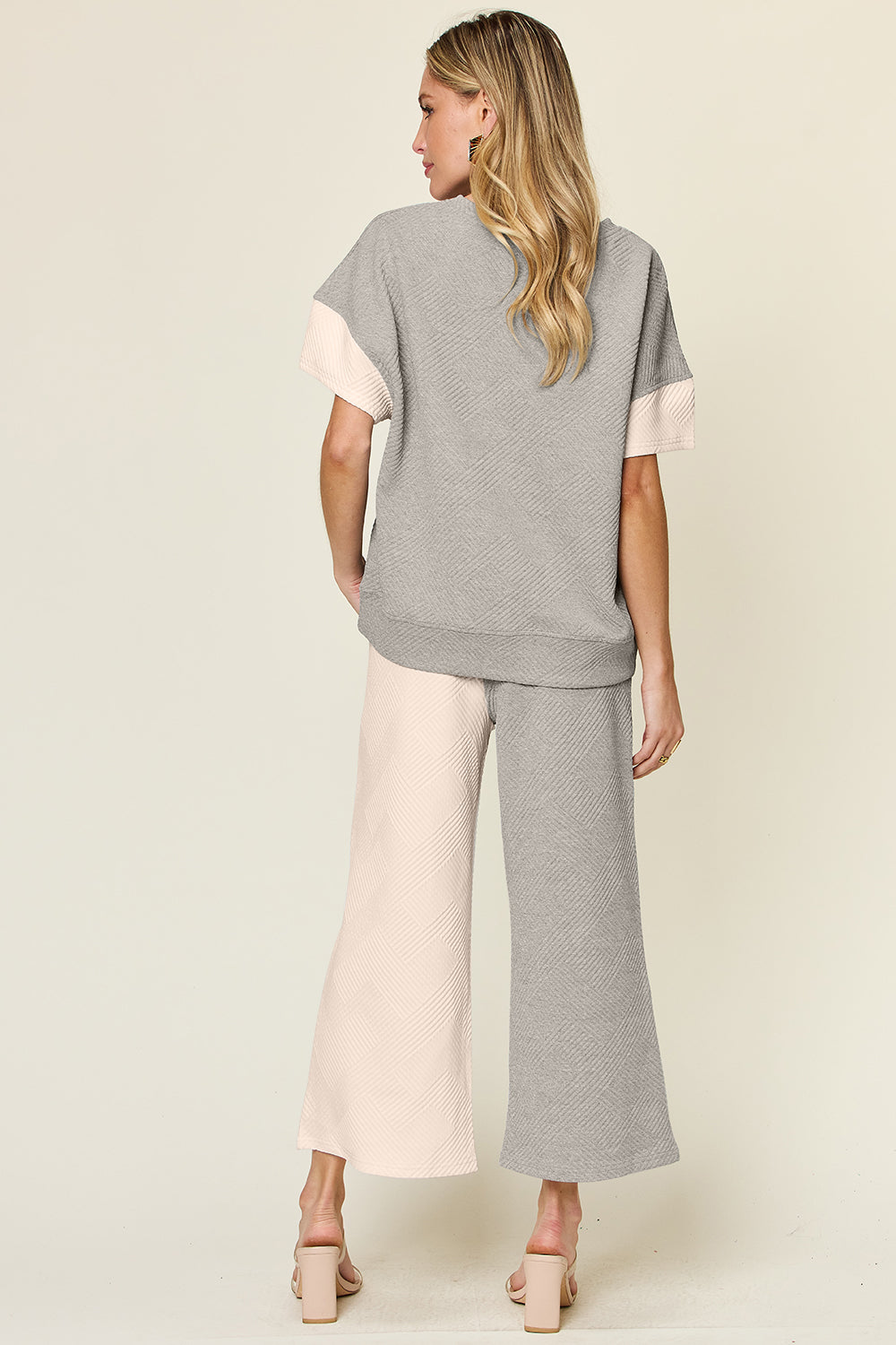 Double Take Full Size Texture Contrast T-Shirt and Wide Leg Pants Set Double Take Full Size Texture Contrast T-Shirt and Wide Leg Pants Set