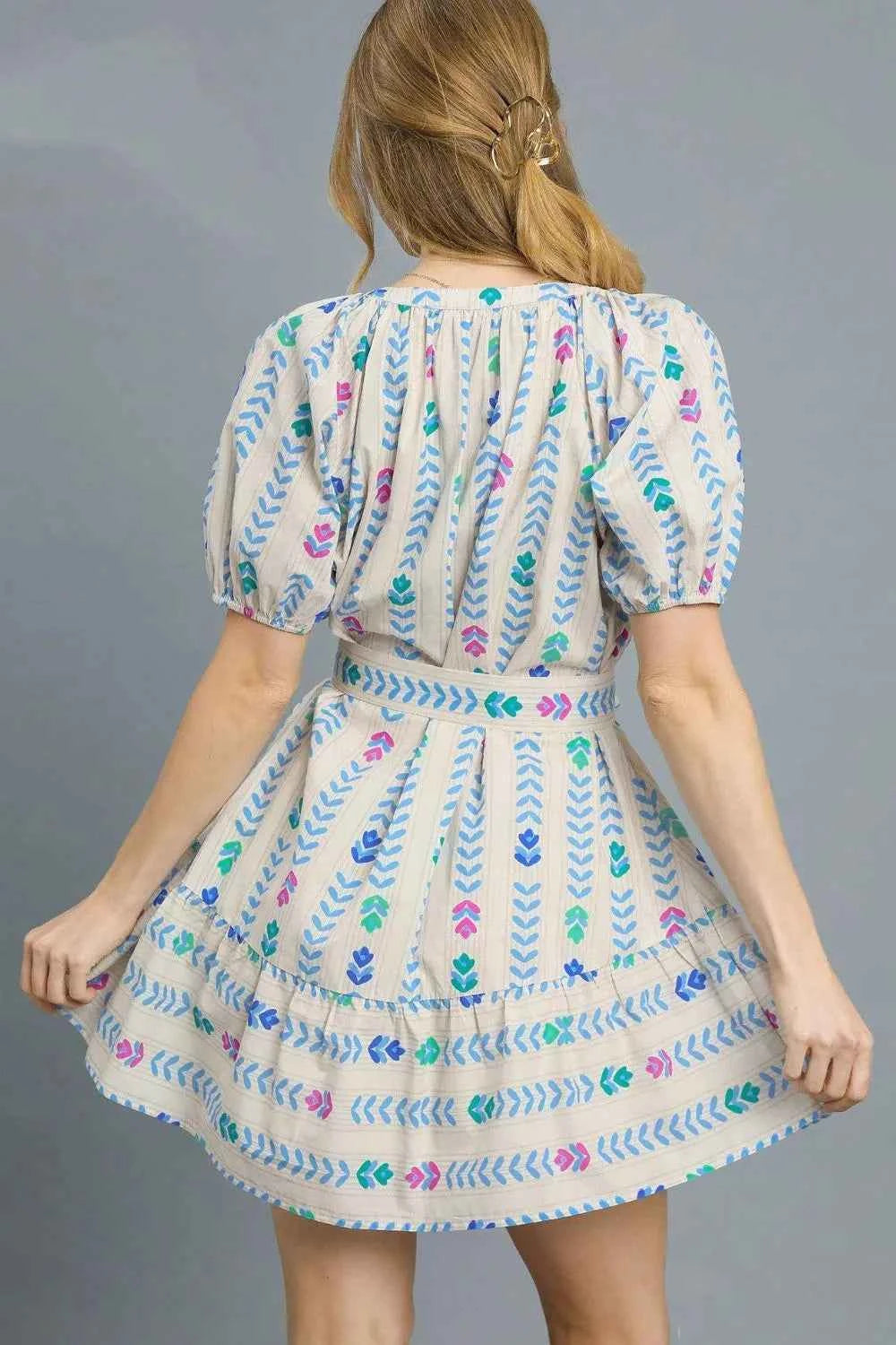 Umgee Printed Tie Waist Puff Short Sleeve Mini Dress Umgee Printed Tie Waist Puff Short Sleeve Mini Dress