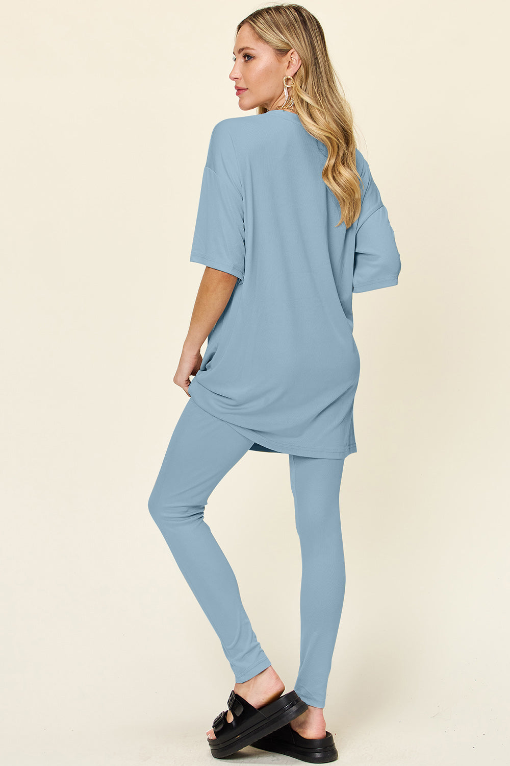Double Take Full Size Round Neck Dropped Shoulder T-Shirt and Leggings Set Double Take Full Size Round Neck Dropped Shoulder T-Shirt and Leggings Set