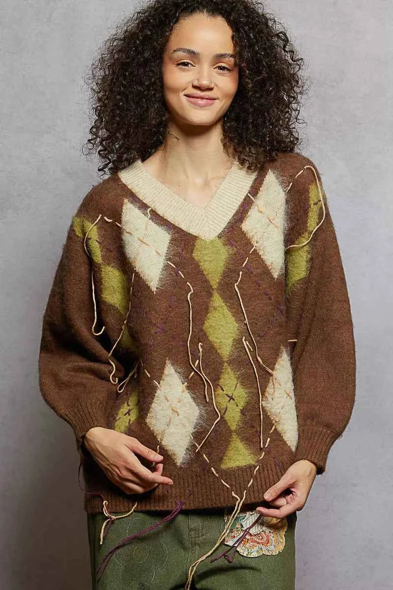 POL V-Neck Argyle Pattern Mohair Sweater with Contrast Exposed Stitch Detail POL V-Neck Argyle Pattern Mohair Sweater with Contrast Exposed Stitch Detail