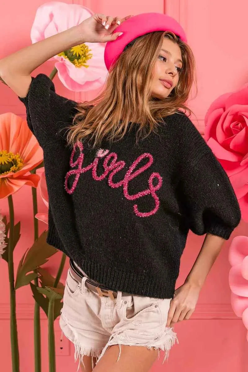 BiBi Metallic Letter Short Puff Sleeve Hairy Sweater BiBi Metallic Letter Short Puff Sleeve Hairy Sweater