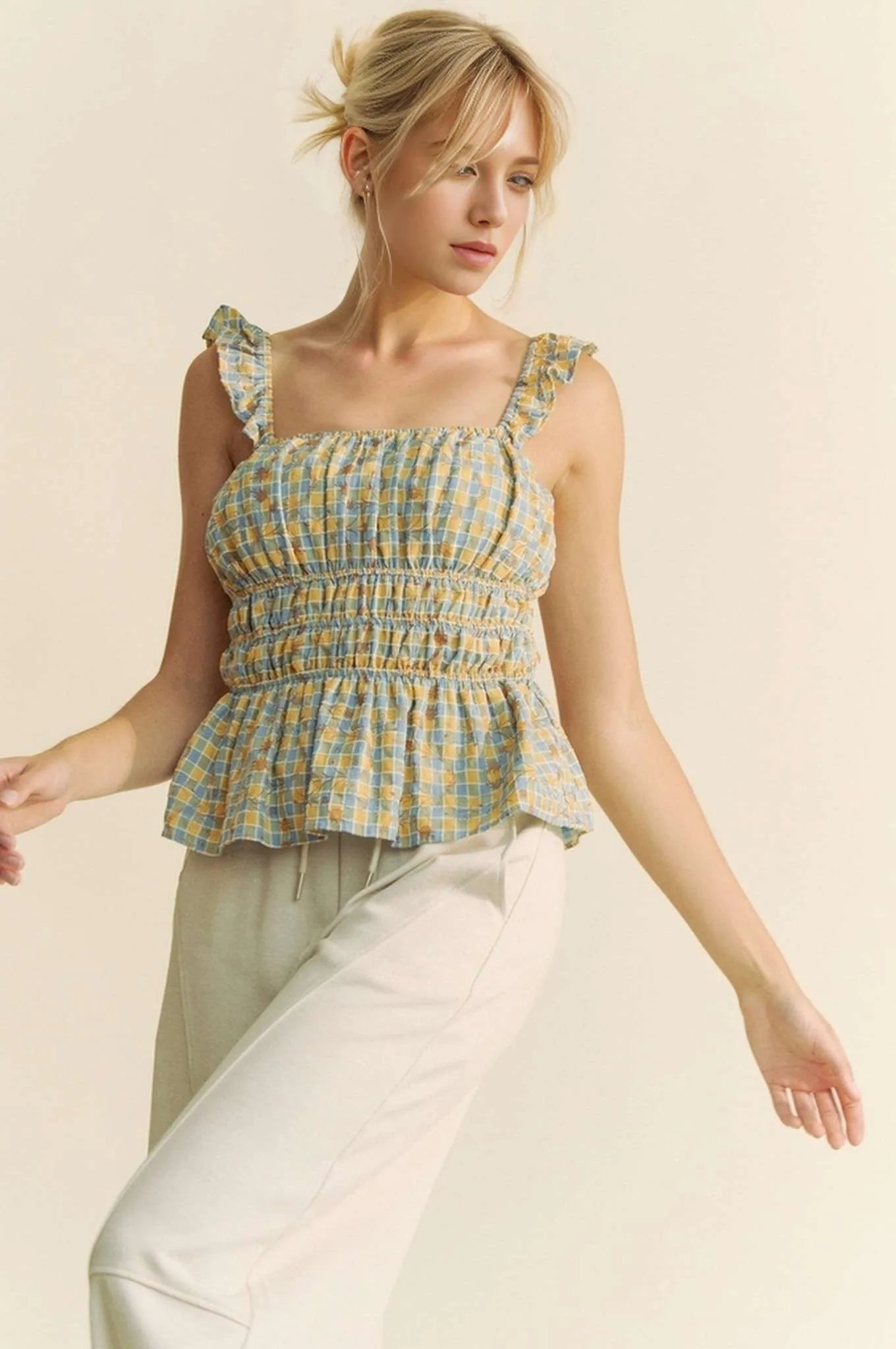 Davi & Dani Plaid Ruffled Strap Smocked Sleeveless Top 8c285b904b3d449b8b892e256a7aea3a-Max-Origin