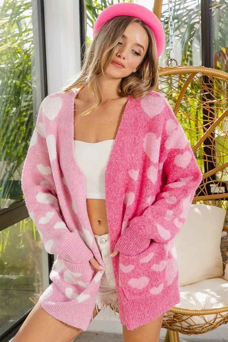 BiBi Heart Color Block V-Beck Knit Cardigan with Pockets BiBi Heart Color Block V-Beck Knit Cardigan with Pockets