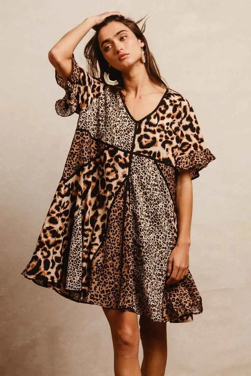 BiBi Leopard Prints Mix and Match Short Sleeves Dress BiBi Leopard Prints Mix and Match Short Sleeves Dress