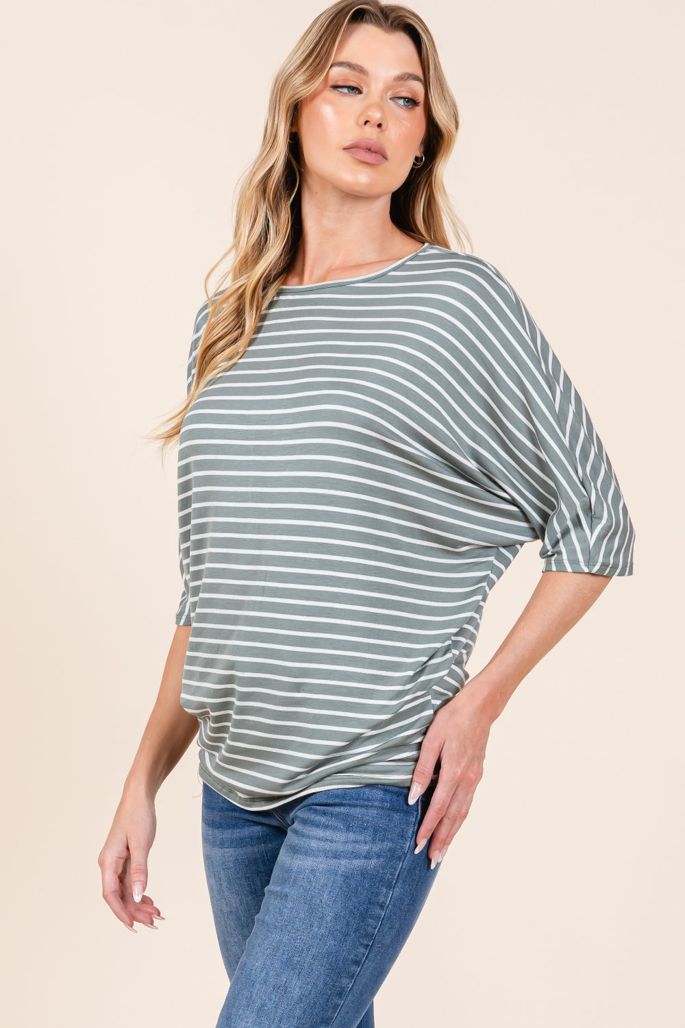 BOMBOM Striped Boat Neck Dolman Sleeve Top BOMBOM Striped Boat Neck Dolman Sleeve Top - TopFashionHQ